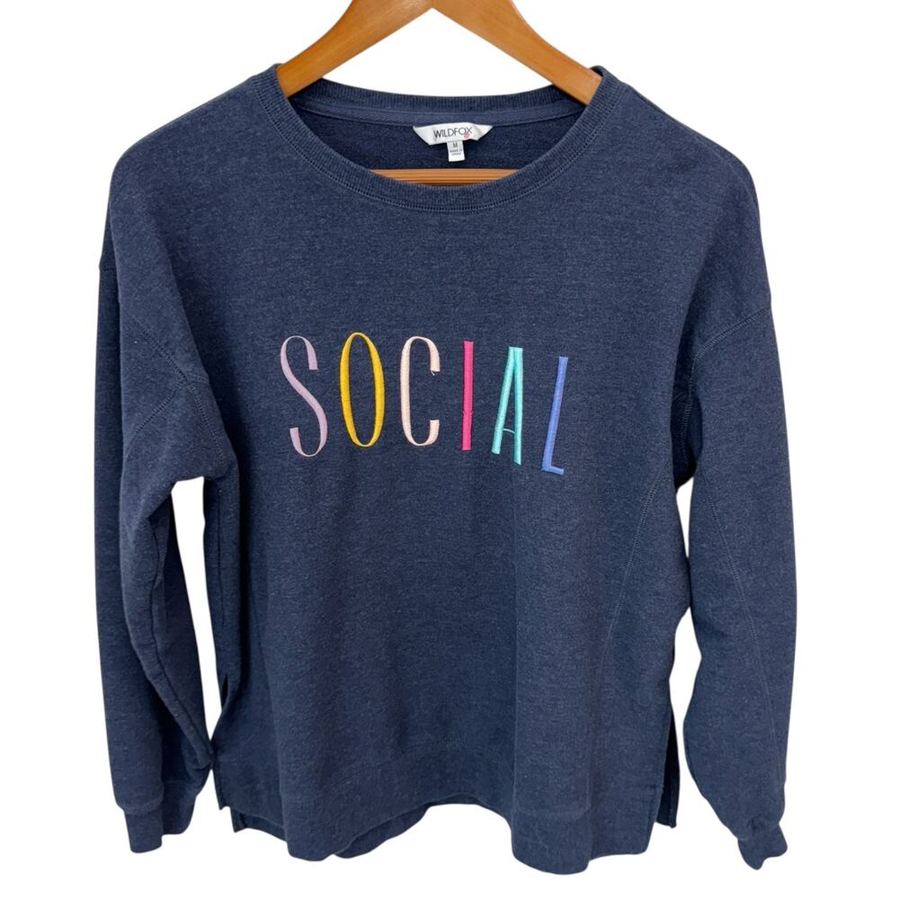 WILDFOX Social Statement Sweatshirt Navy Blue Embroidered Crew Neck Medium